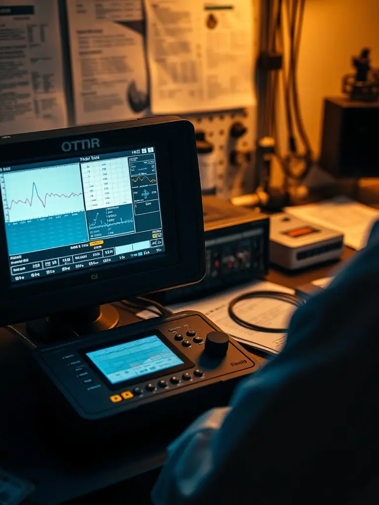 An OTDR testing device displaying results, showcasing the thoroughness of testing and certification processes.