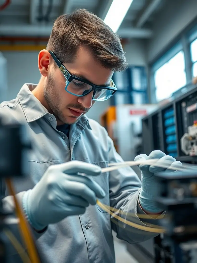 A technician performing fiber splicing with precision equipment, emphasizing the importance of accurate connections.