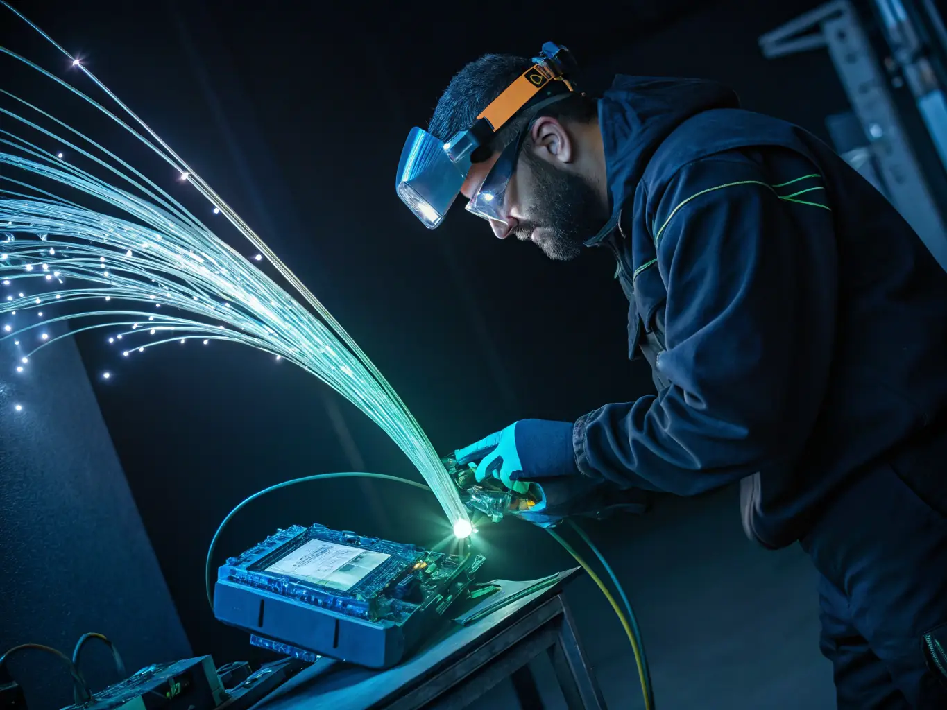 A close-up shot of a technician performing fiber splicing with precision tools, emphasizing the skill and expertise required for seamless connections.