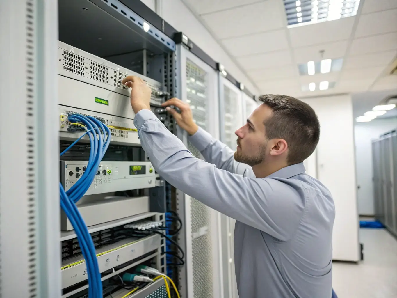 A high-resolution image depicting a fiber optic technician meticulously installing fiber cables in a modern office environment, showcasing precision and attention to detail.