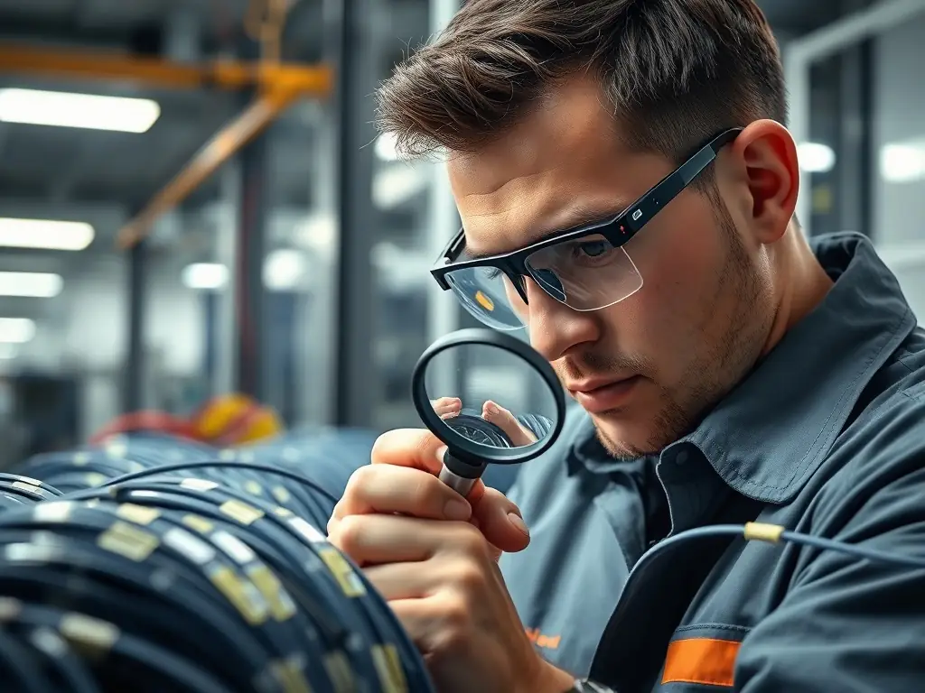 A technician inspecting fiber optic cables with a magnifying tool, ensuring they meet industry standards and specifications.