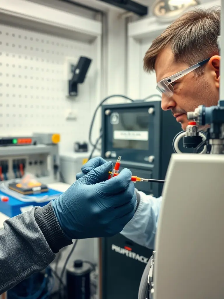 A close-up of a technician performing fusion splicing on fiber optic cables, emphasizing the precision and skill involved.