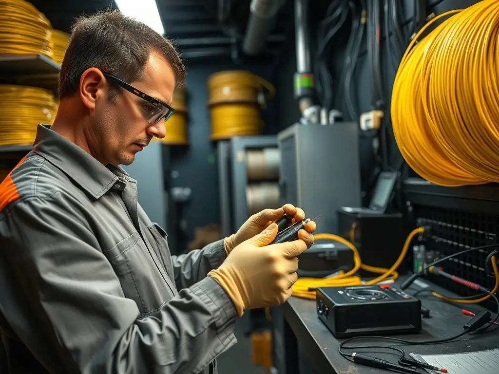 A technician splicing fiber optic cables in a telecommunications facility, using precision tools and equipment, with spools of fiber cable and testing devices nearby.