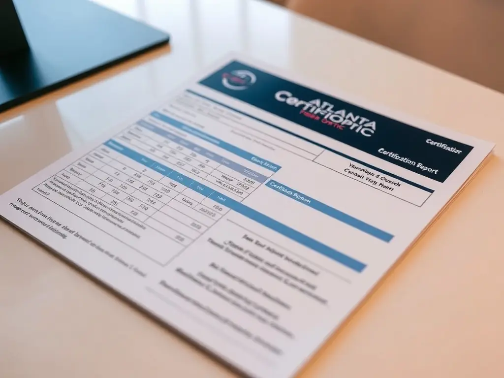 A professional certification report document with the Atlanta Fiber Optic logo, showcasing detailed testing results and compliance certifications for a fiber optic network. The report is presented in a clean, organized format.