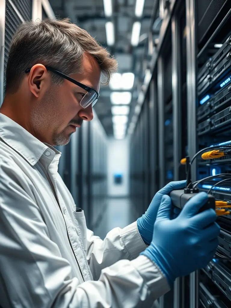 A close-up shot of a fiber optic technician performing fusion splicing in a clean, well-lit data center environment, showcasing precision and attention to detail.