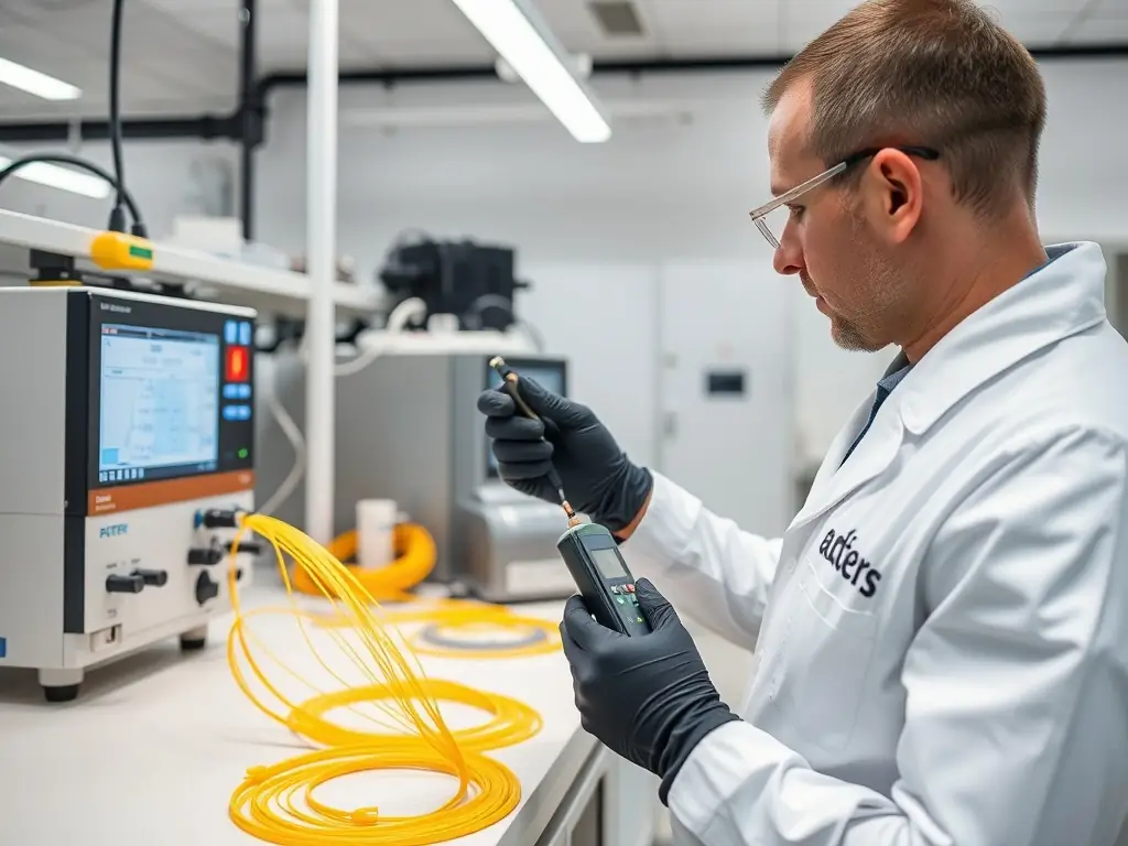 An image depicting a fiber optic cable being tested for light loss using specialized equipment. The scene is set in a well-lit laboratory, emphasizing precision and accuracy in the testing process.