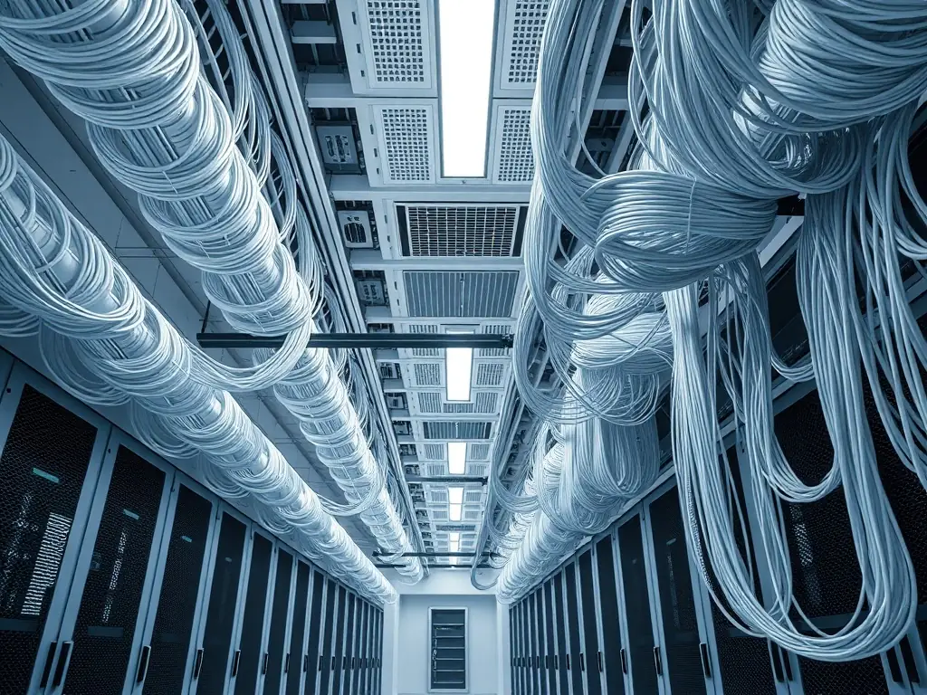 A wide shot of a data center's backbone fiber infrastructure, showcasing the organized and robust cabling system that supports the entire facility's network.