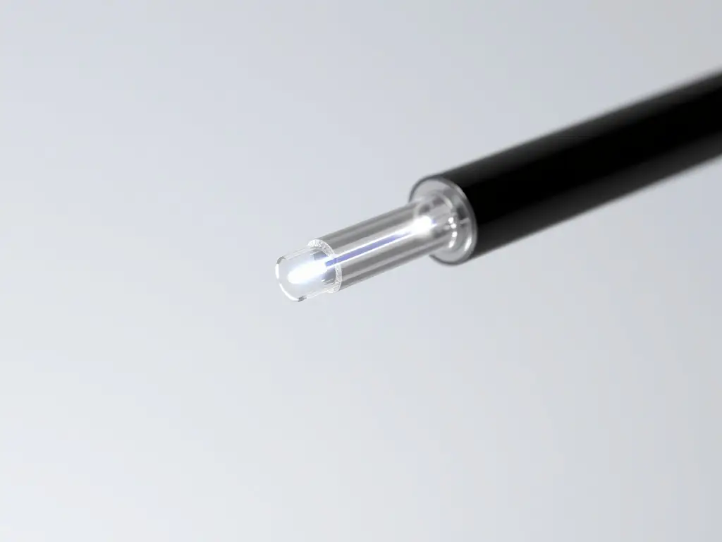 A close-up shot of a single mode fiber optic cable, highlighting its narrow core and the focused beam of light traveling through it, symbolizing precision and long-distance capabilities.