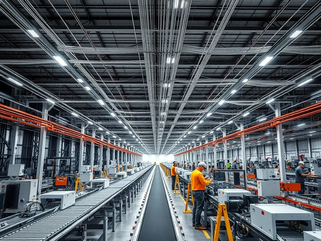 A large warehouse with automated systems and fiber optic cables running along the ceiling, illustrating the use of single mode fiber for long-distance communication.