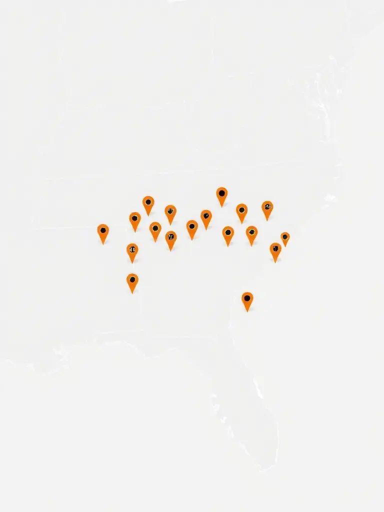 A map highlighting Atlanta Fiber Optic's service area across the Southeast, with pins indicating successful multi-location deployments for various clients.