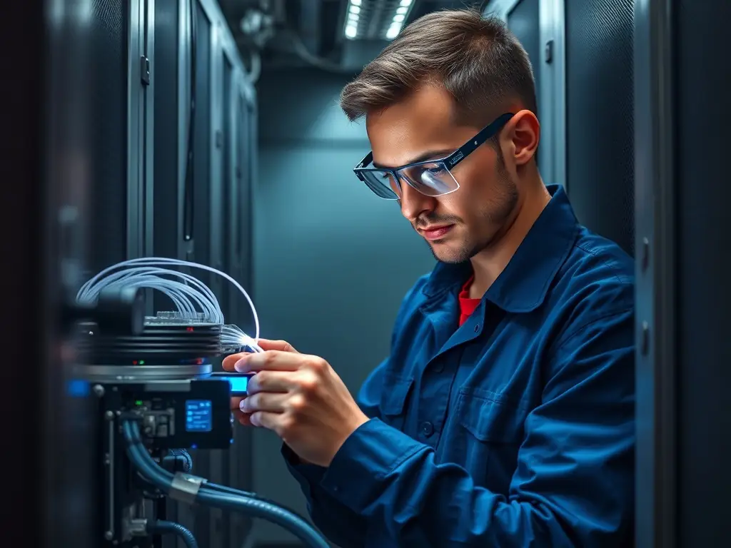 An image of a technician performing fusion splicing on fiber optic cables within a data center environment, highlighting precision and attention to detail.