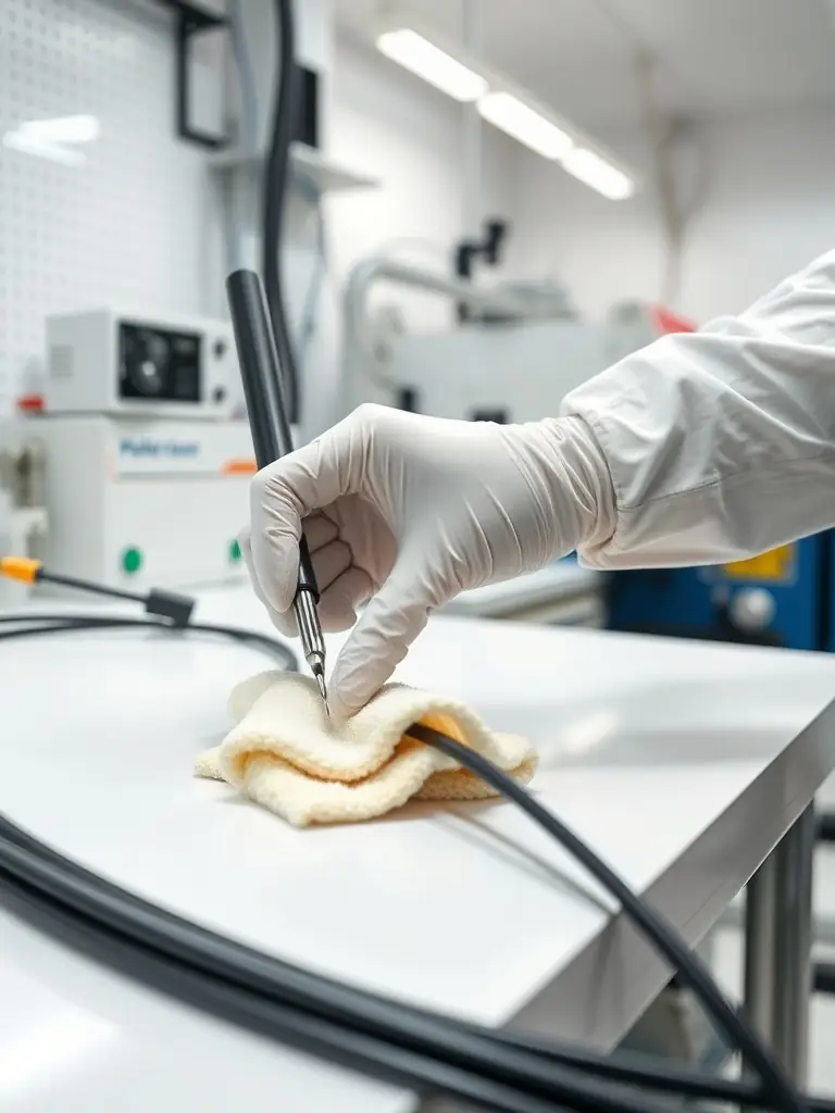 A technician carefully cleaning fiber optic cables with specialized tools, removing any contaminants that could affect the quality of the splice. The background shows a clean workspace.