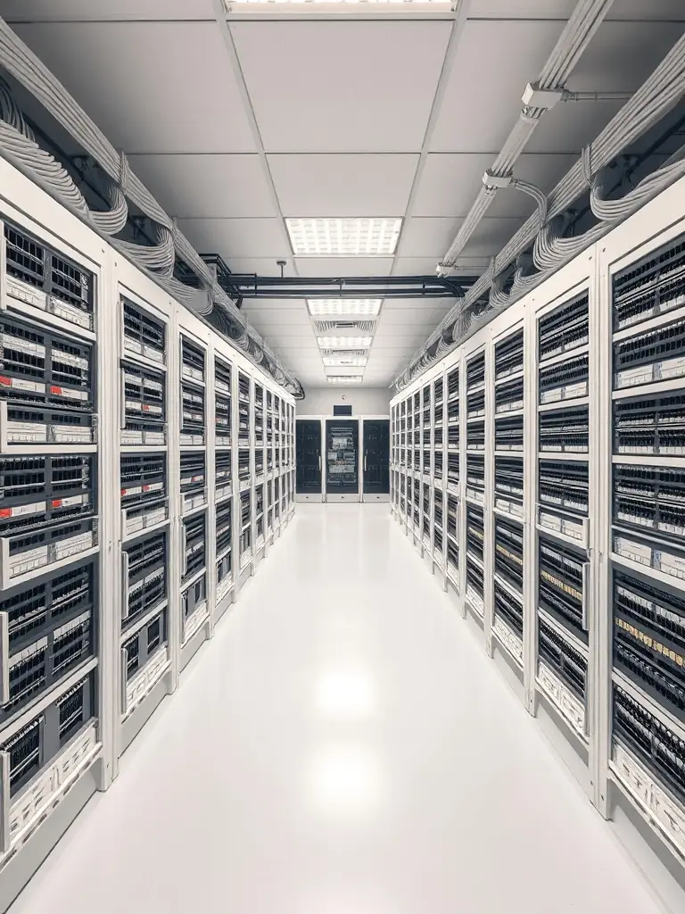 A wide shot of a well-organized MDF/IDF room with clearly labeled fiber optic connections, demonstrating the importance of structured cabling for efficient network management.