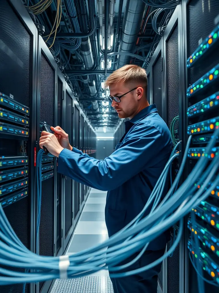 A technician performing emergency fiber optic cable repair in a data center environment, highlighting the urgency and precision required.