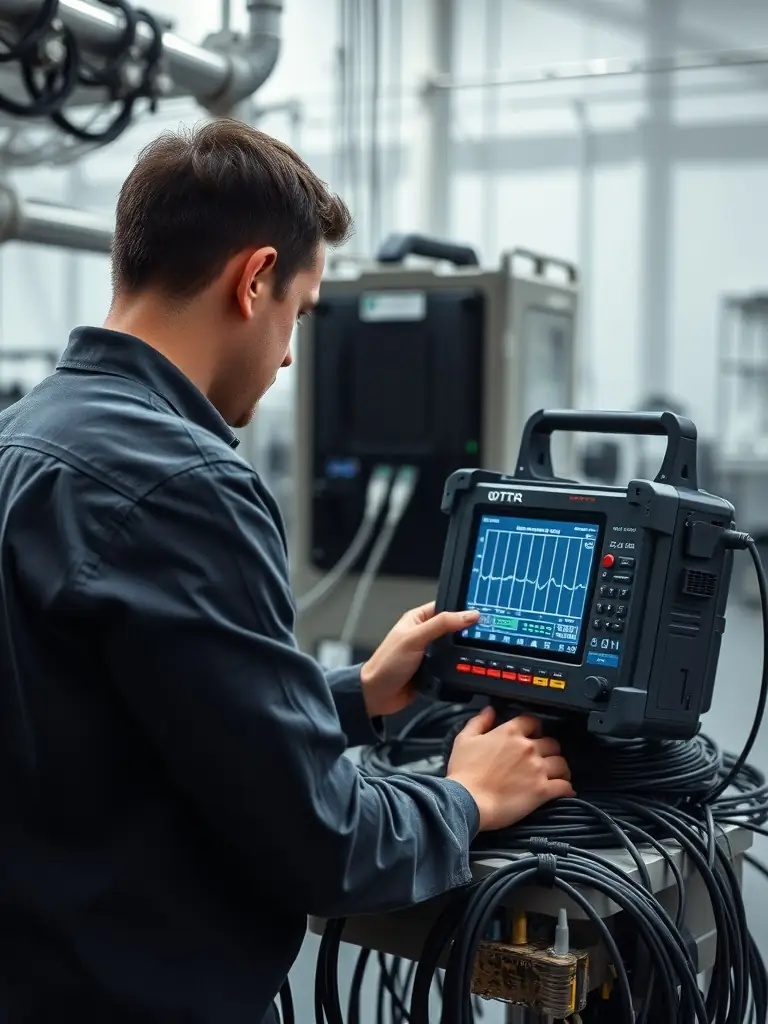 A photo of a technician using advanced OTDR testing equipment to diagnose a fiber optic cable issue, highlighting diagnostic capabilities.