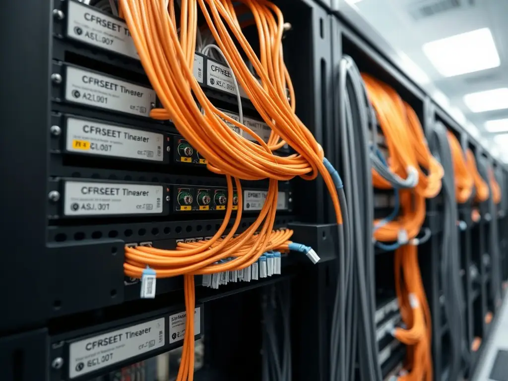 A detailed close-up shot of neatly organized, high-density fiber optic cables within a data center rack, showcasing meticulous cable management and labeling.