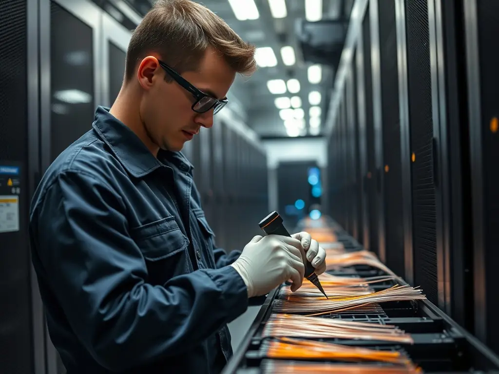 A technician meticulously splicing fiber optic cables inside a data center, showcasing precision and expertise in fiber repair.