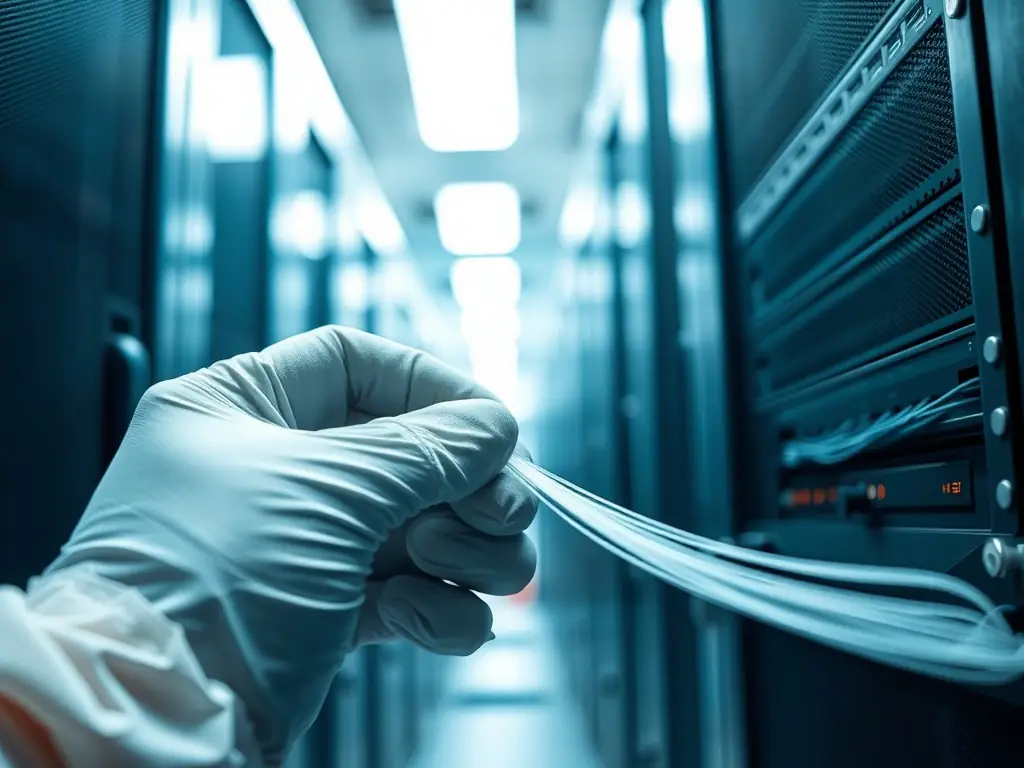 A close-up shot of a technician carefully splicing fiber optic cables in a data center environment, showcasing precision and expertise.