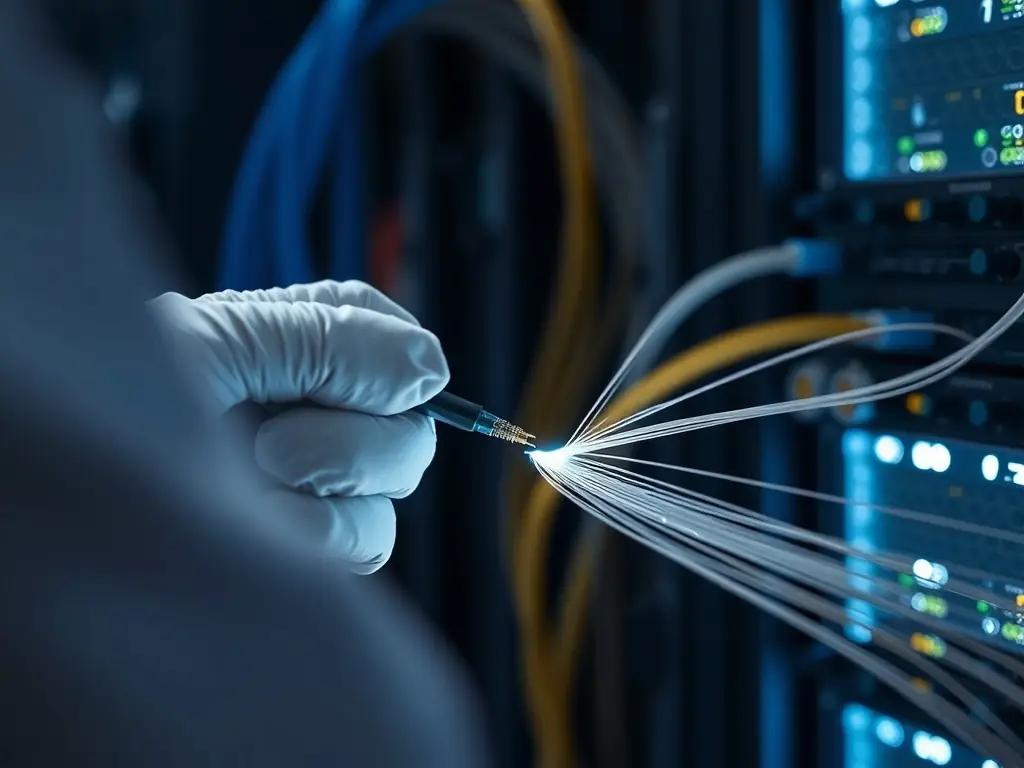 A technician splicing a damaged fiber optic cable in a data center environment, highlighting the precision and expertise involved in fiber cut repair.