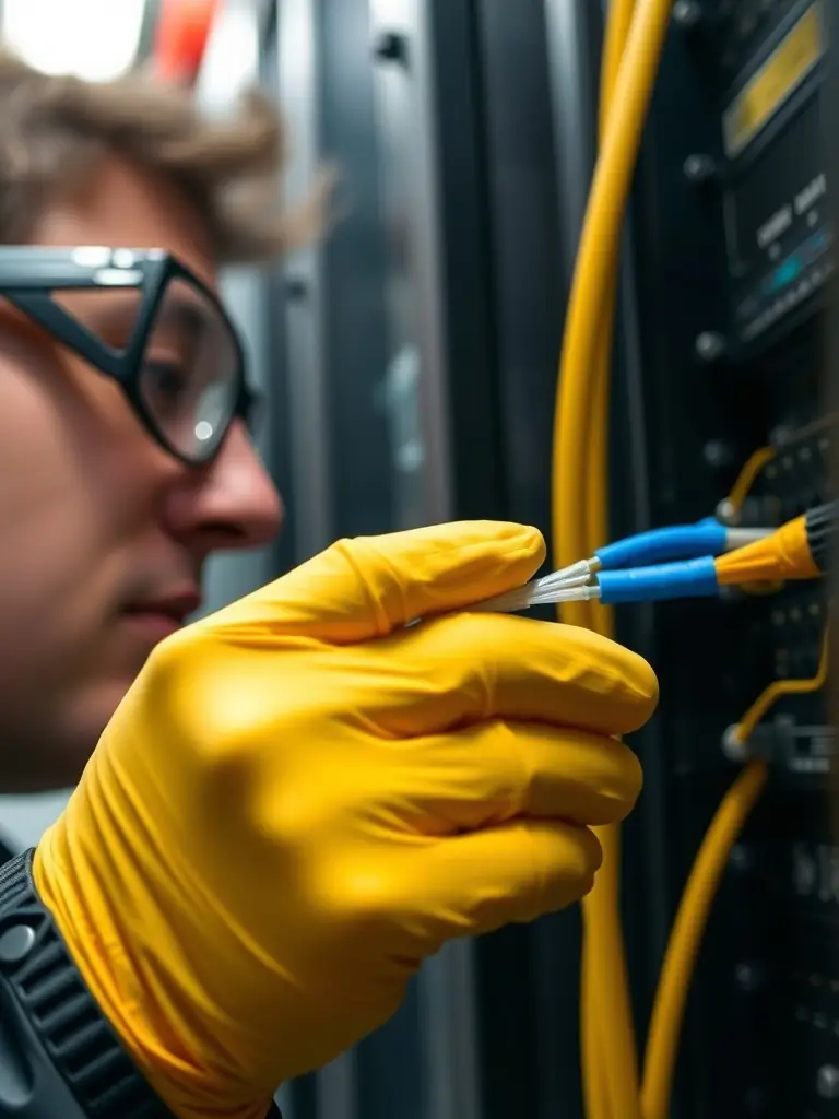 A close-up shot of a technician carefully installing single-mode fiber optic cables in a data center environment, highlighting the precision and attention to detail required for optimal performance.