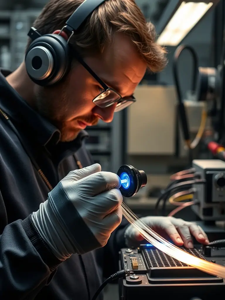 A fiber optic fusion splicer in action, precisely aligning and fusing two fiber optic cables together. The image highlights the advanced technology used in the splicing process.
