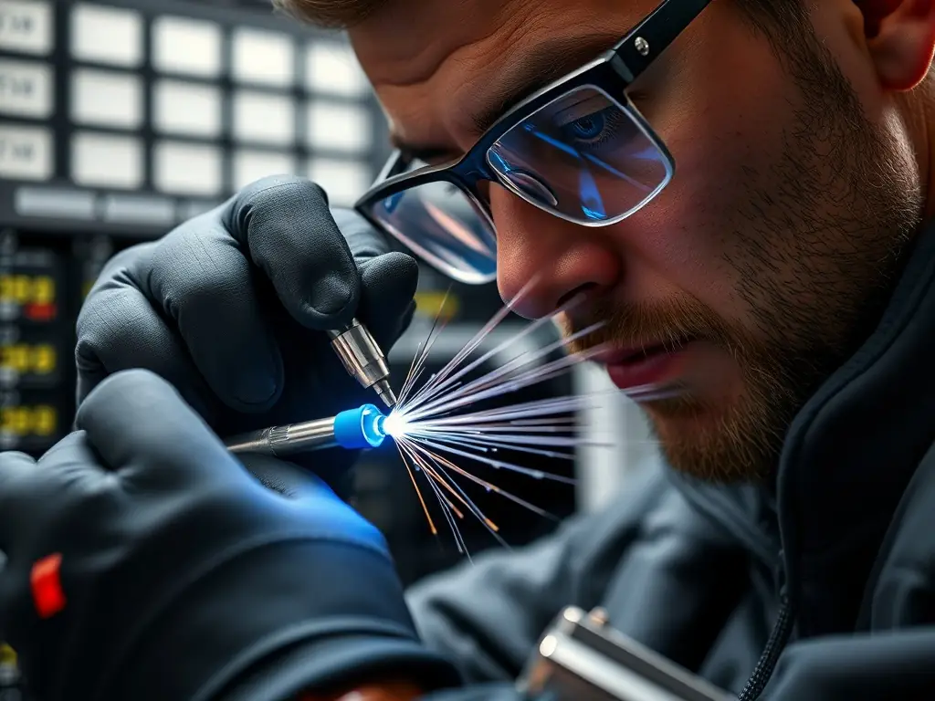 A close-up shot of a fiber optic cable being spliced and terminated by a certified technician, emphasizing precision and expertise.