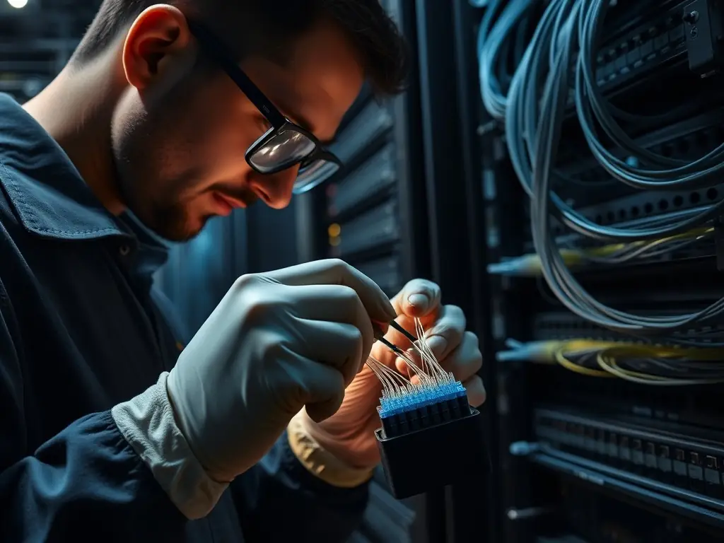 A close-up shot of a technician meticulously splicing fiber optic cables in a warehouse IDF room. The image emphasizes precision and attention to detail, showcasing the expertise involved in ensuring a reliable fiber optic network.