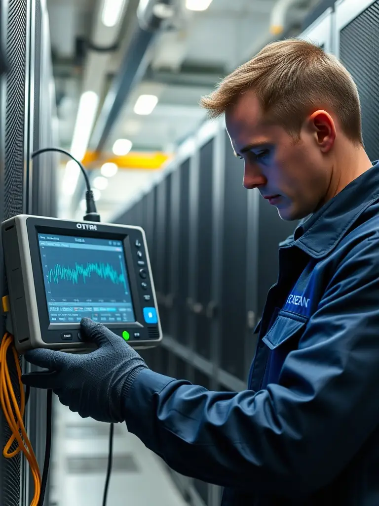 An image of a technician meticulously testing and certifying a fiber optic cable run with advanced testing equipment, ensuring compliance with industry standards.