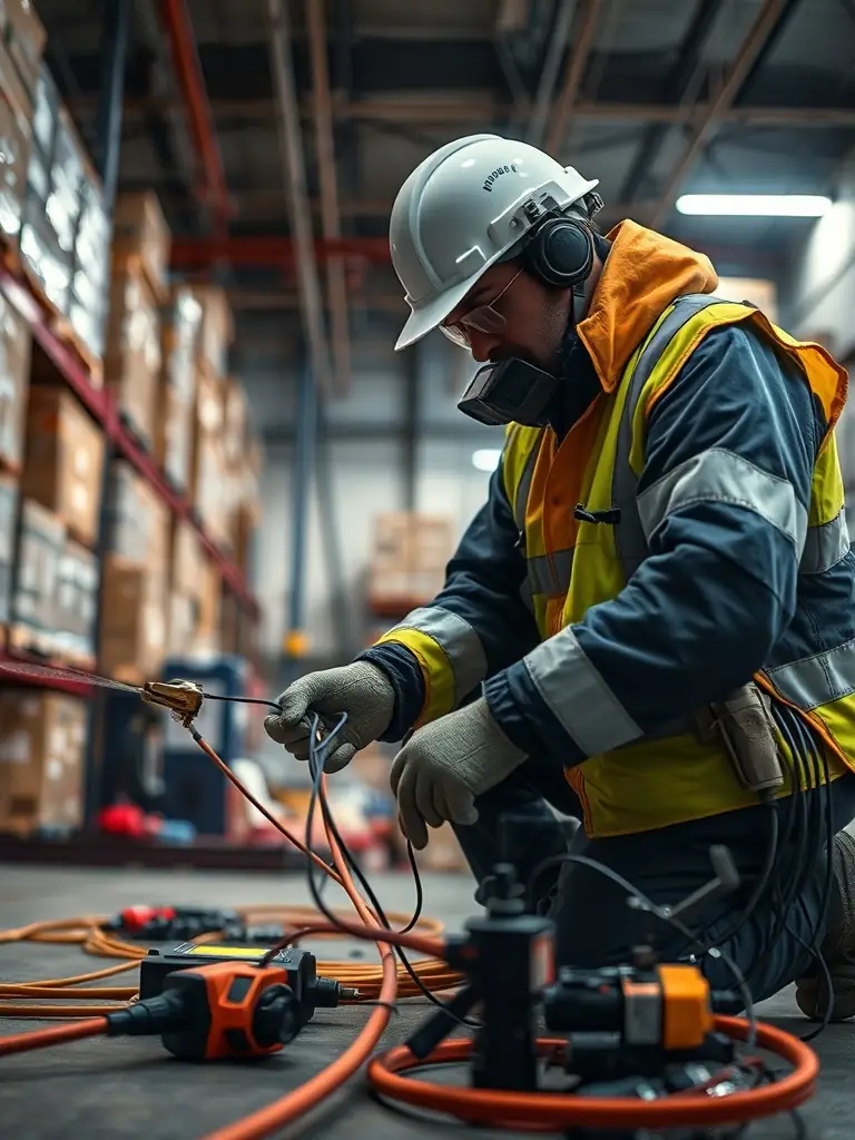 A technician responding to an emergency fiber cut in a warehouse environment, highlighting the company's commitment to fast and reliable emergency repair services.