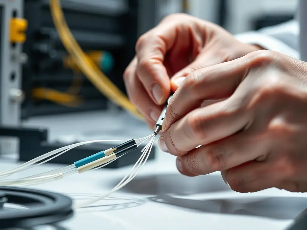 A close-up shot of a fiber optic cable being meticulously spliced by a technician in a clean, well-lit environment, showcasing the precision and care taken during the splicing process.