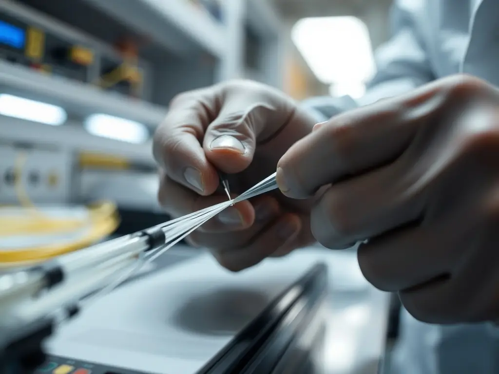 A close-up shot of a fiber optic cable being meticulously fusion spliced by a technician in a clean, well-lit environment, showcasing the precision and care involved in the process.