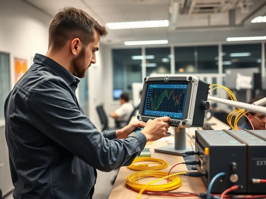 A photograph of a certified fiber optic technician using advanced OTDR equipment to diagnose a fiber optic cable issue in a commercial building.