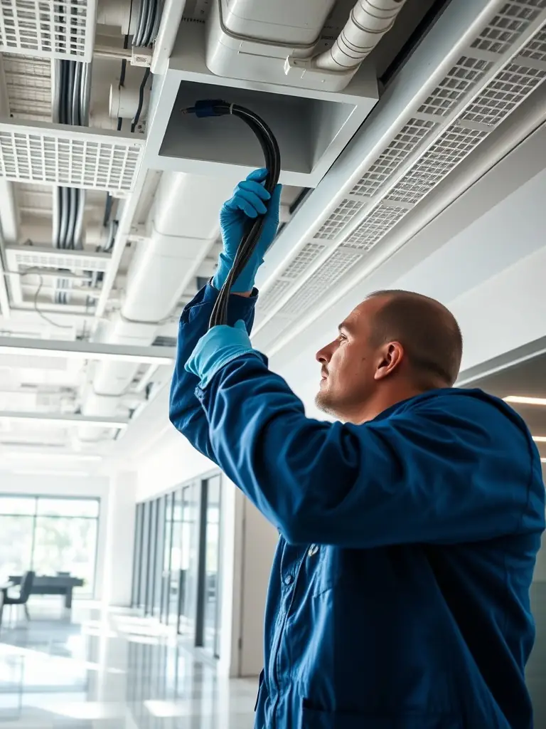 A new fiber optic cable being installed in a commercial building, representing cable replacement services.