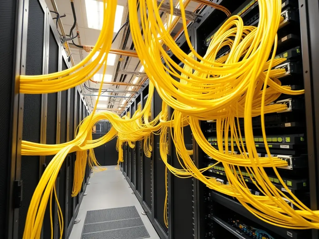 An overview of a data center's backbone fiber infrastructure, illustrating the robust and scalable network architecture.