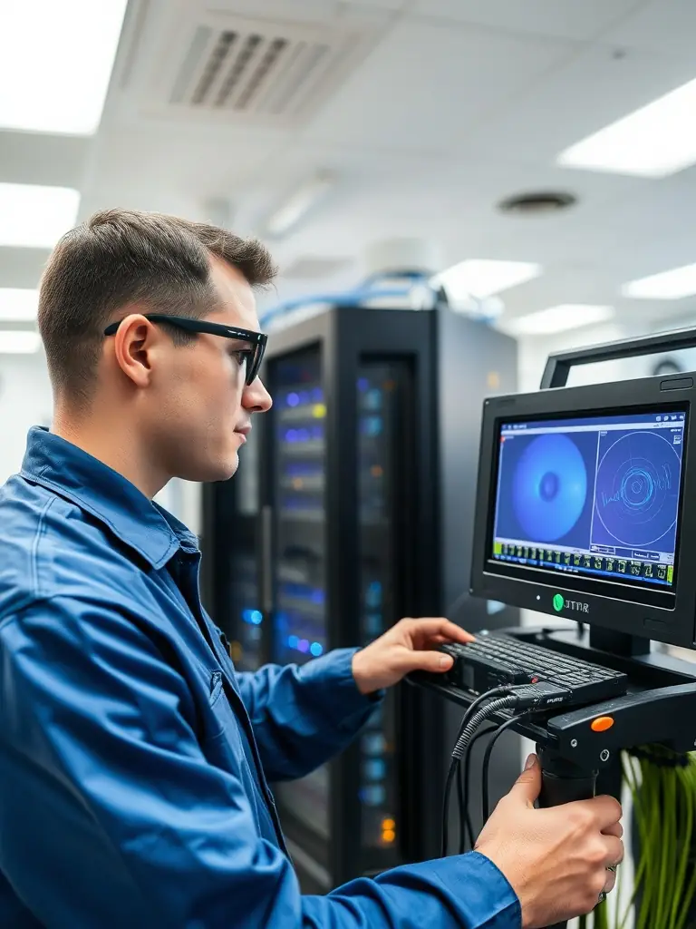 An image of a technician using advanced OTDR testing equipment to certify a newly installed fiber optic cable, emphasizing the company's commitment to quality assurance.