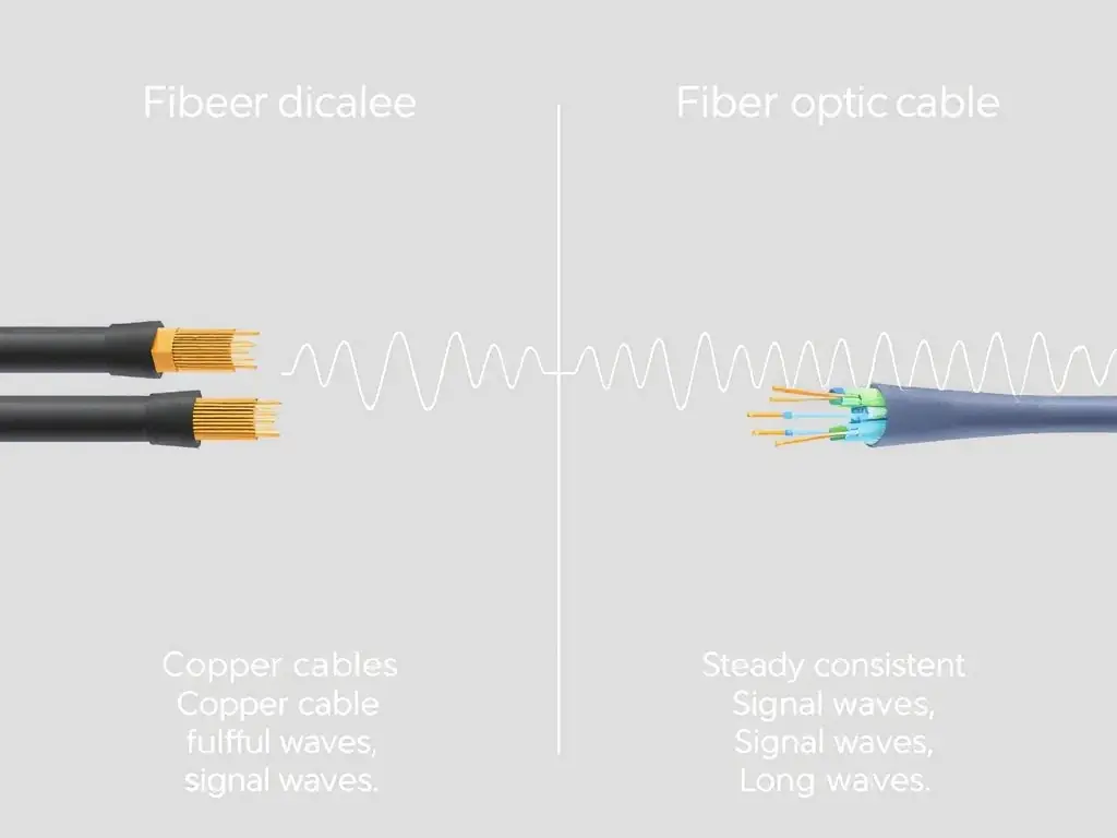 A visual representation comparing the signal degradation in copper cables versus the consistent signal strength in fiber optic cables over long distances.