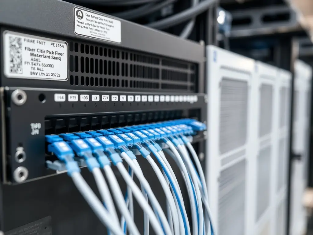 A close-up of a neatly organized fiber optic patch panel in a critical infrastructure setting, emphasizing the importance of reliable fiber connections.