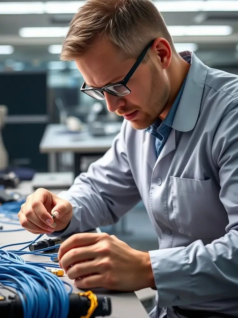 Image of a technician meticulously terminating fiber optic cables in a commercial office building, emphasizing the importance of proper termination for network reliability.