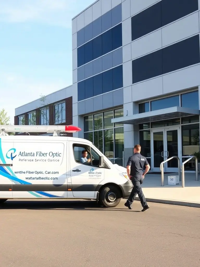 An image of a fully equipped Atlanta Fiber Optic service van arriving at a commercial building, emphasizing rapid response and readiness.