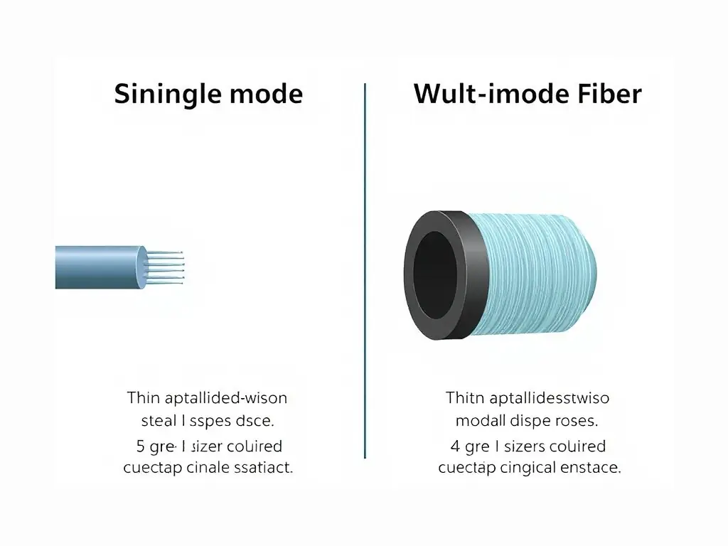 A comparison graphic illustrating the core size difference between single mode and multi mode fibers, along with key specifications like modal dispersion and typical application distances.