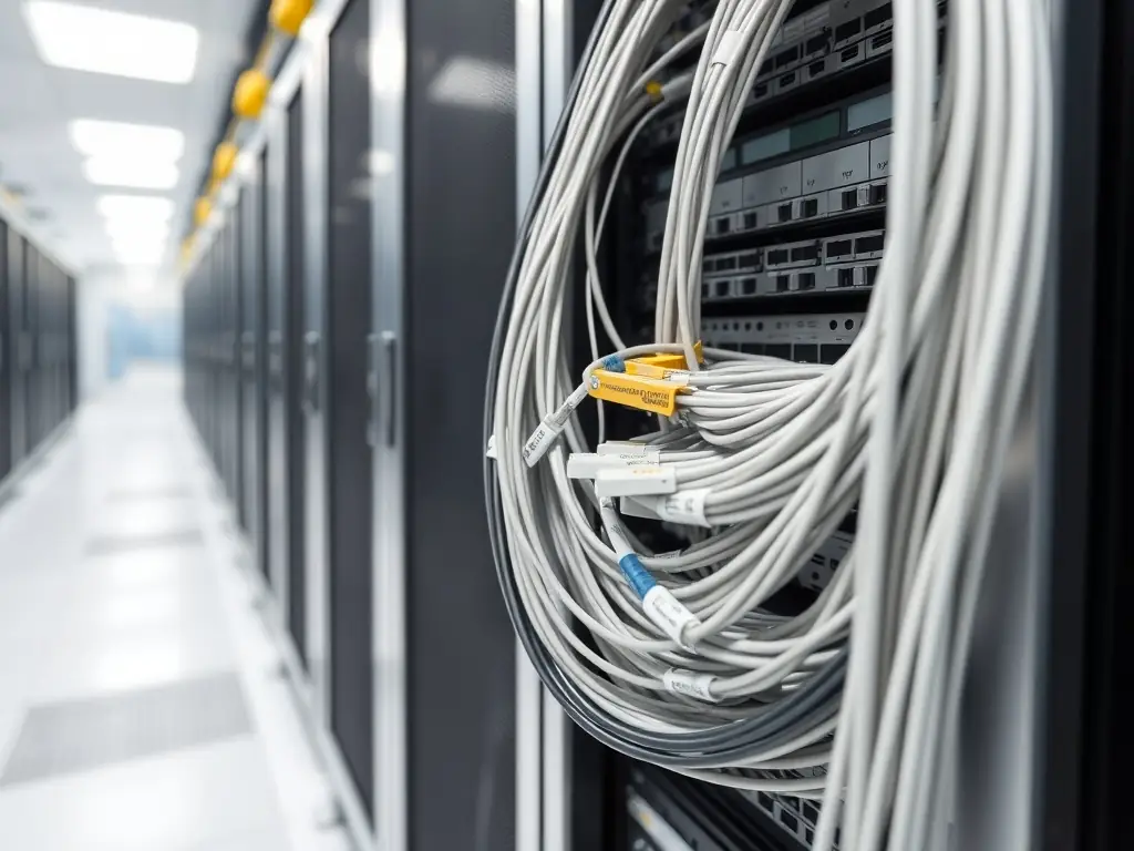 A close-up shot of a professionally installed fiber optic cable tray in a data center, showcasing the clean and organized arrangement of fiber cables.