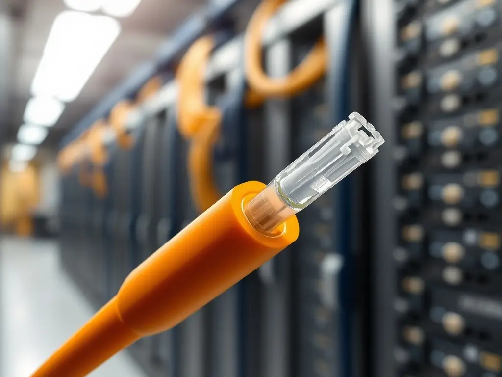 A close-up shot of a multi mode fiber optic cable, showcasing its thicker core and orange jacket, representing its cost-effectiveness and suitability for shorter distances.