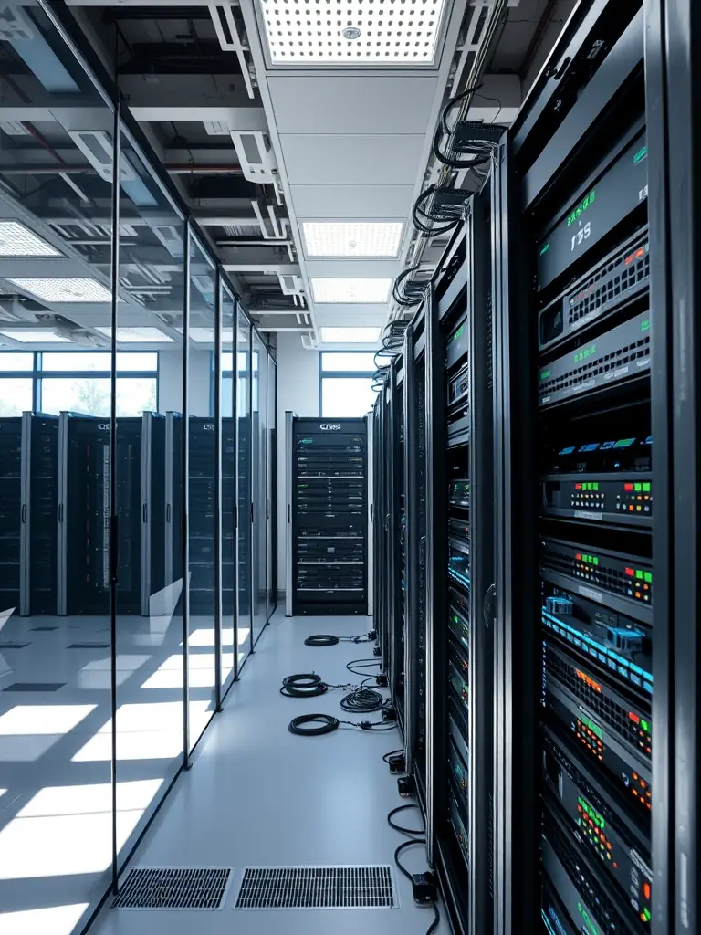 A close-up shot of neatly organized and labeled fiber optic cables in a data center, highlighting the structured design and professional installation by Atlanta Fiber Optic.