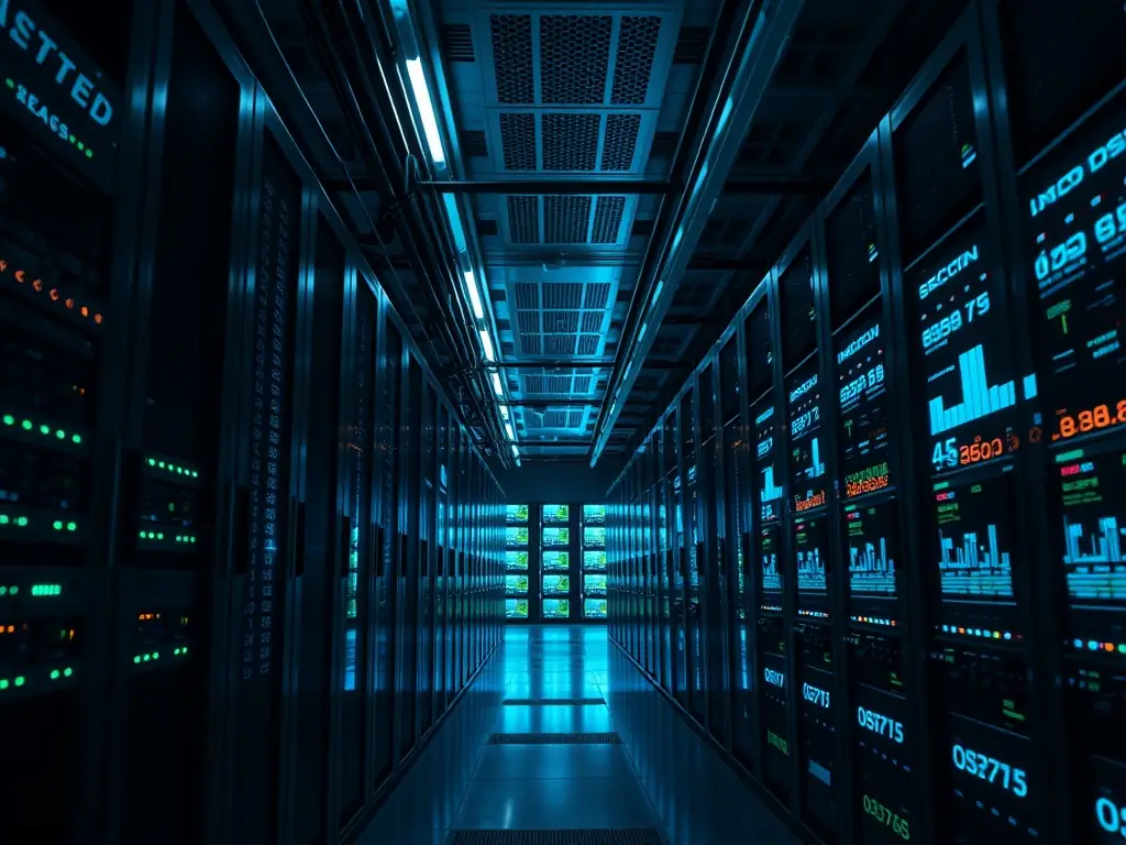 A state-of-the-art data center with rows of servers and fiber optic cables, emphasizing the importance of reliable connectivity for data storage and processing, showcasing Atlanta Fiber Optic's expertise.