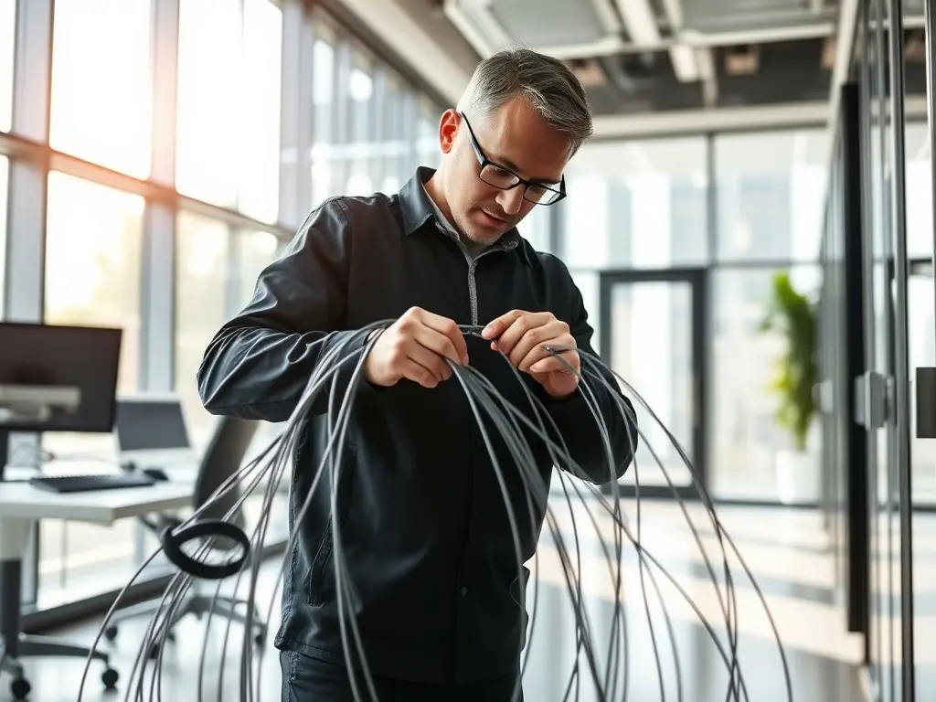 A detailed photograph showcasing a neatly organized fiber optic backbone installation within a warehouse setting, highlighting the structured cabling and professional execution.