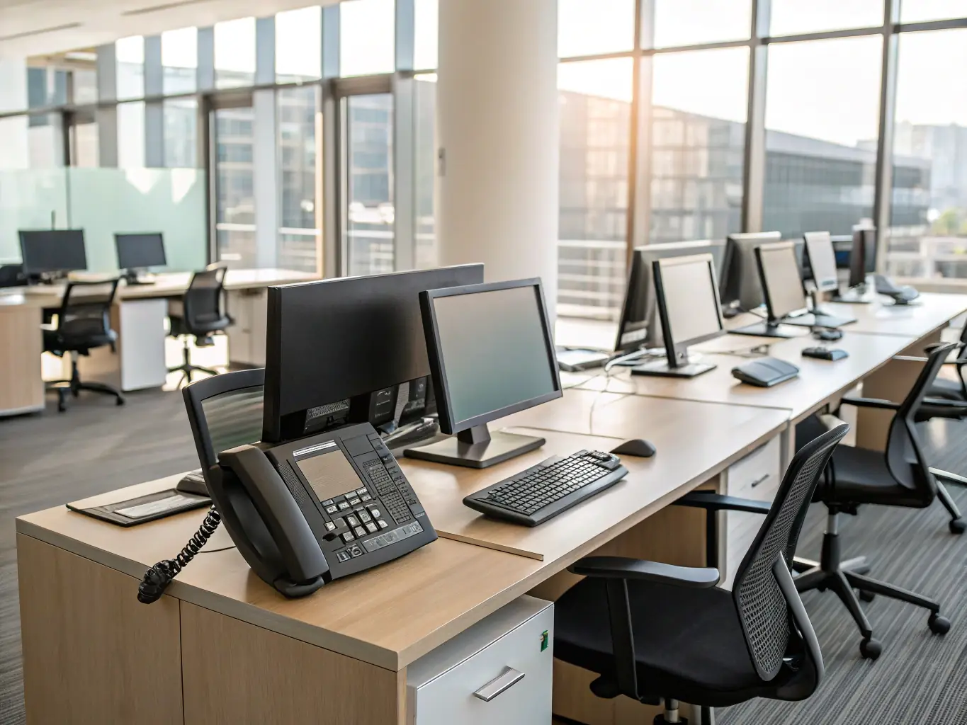 A modern office space with a state-of-the-art VoIP phone system installed, showcasing the clarity and efficiency of the communication technology.