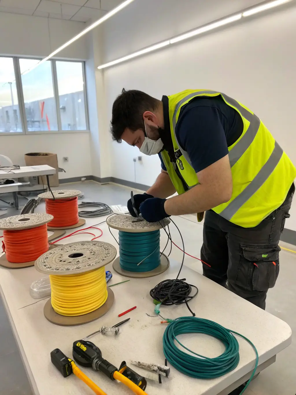A photo of a technician in full safety gear working on an outdoor fiber optic cable repair, emphasizing the company's commitment to safety and professionalism.