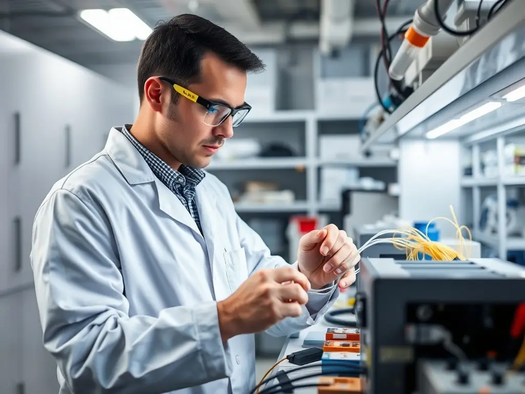 A close-up shot of a fiber optic cable being prepared for fusion splicing, with a technician carefully aligning the fibers under a microscope in a clean, controlled environment.
