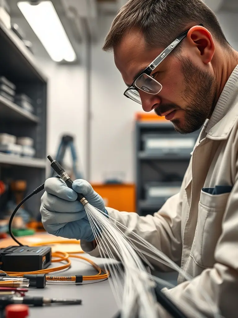 A close-up shot of a technician expertly splicing a fiber optic cable in a data center environment, showcasing precision and attention to detail.