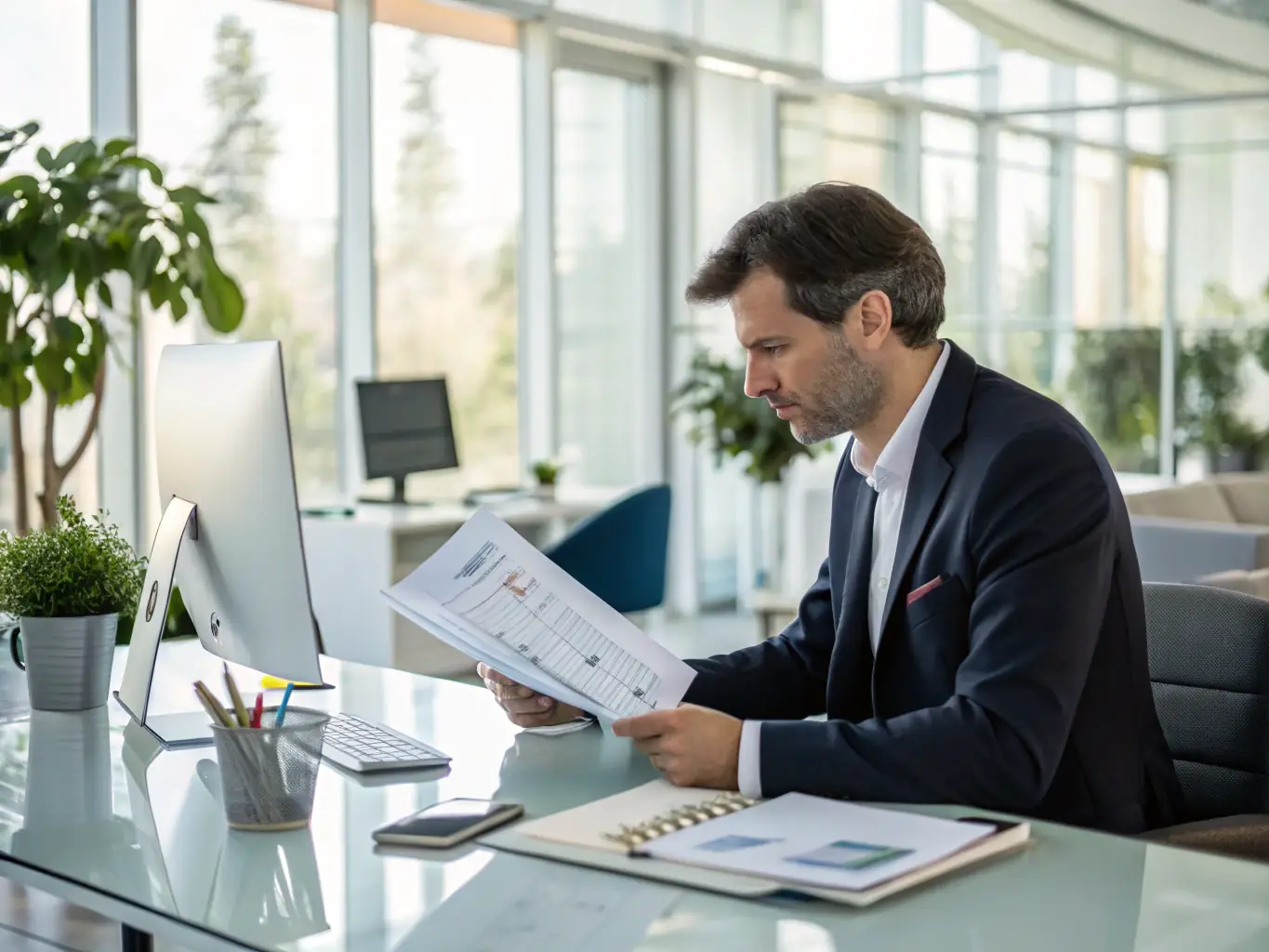 A business professional reviewing financial documents related to a fiber optic project, highlighting the benefits of predictable monthly payments with Affirm.